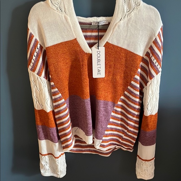 double take Tops - Double Take Orange and Purple Striped Sweater